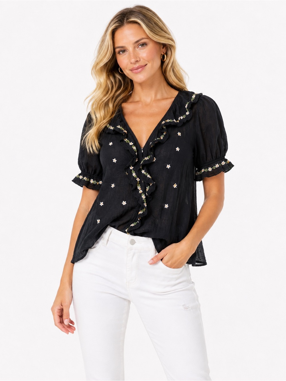 Doen Size Small Black Ruffle V-Neck Embroidered Short-Sleeve Top